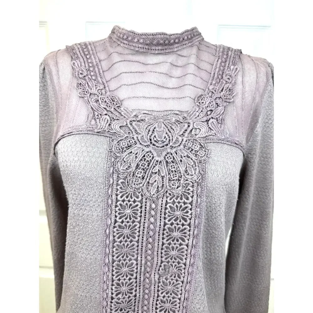Free People Crochet Lace Mock Neck Long Sleeve Boho Top Purple Medium